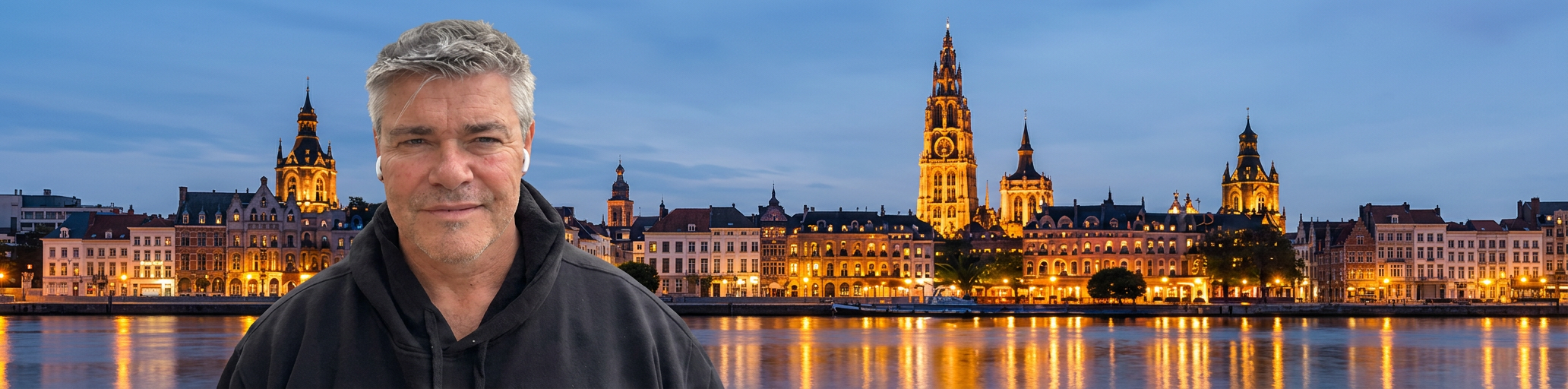 Cameron Price against the Antwerp skyline